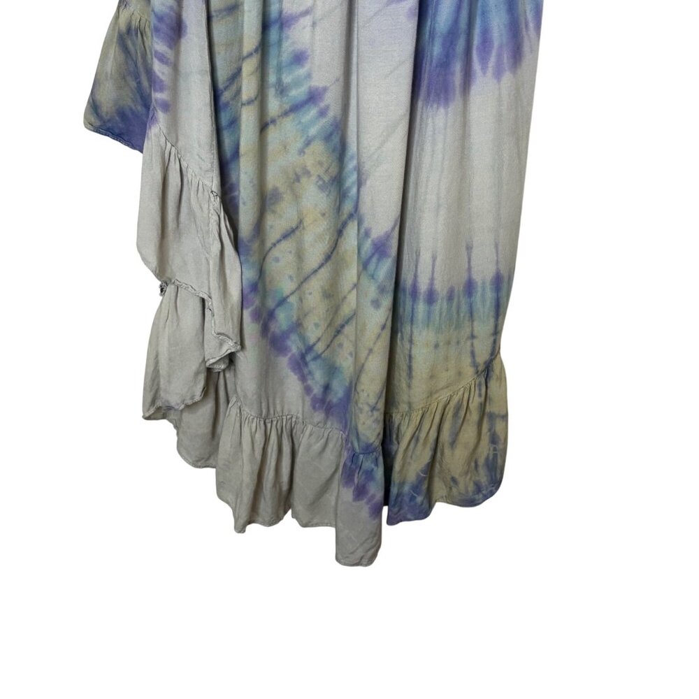 Tie Dye Off Shoulder Hi Low Dress Blue Purple Ruffle Flowy Boho Festival OS - Picture 5 of 7